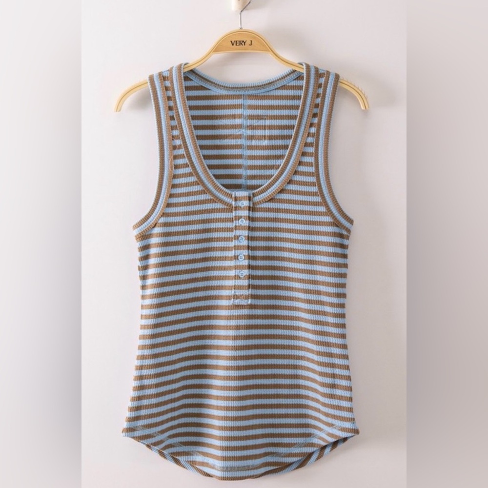135. Very J Blue & Brown Striped Henley Tank